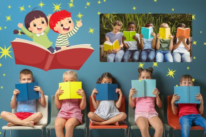 A_group_of_children_reading_books-and-an_illustration_of-a_boy-and_girl